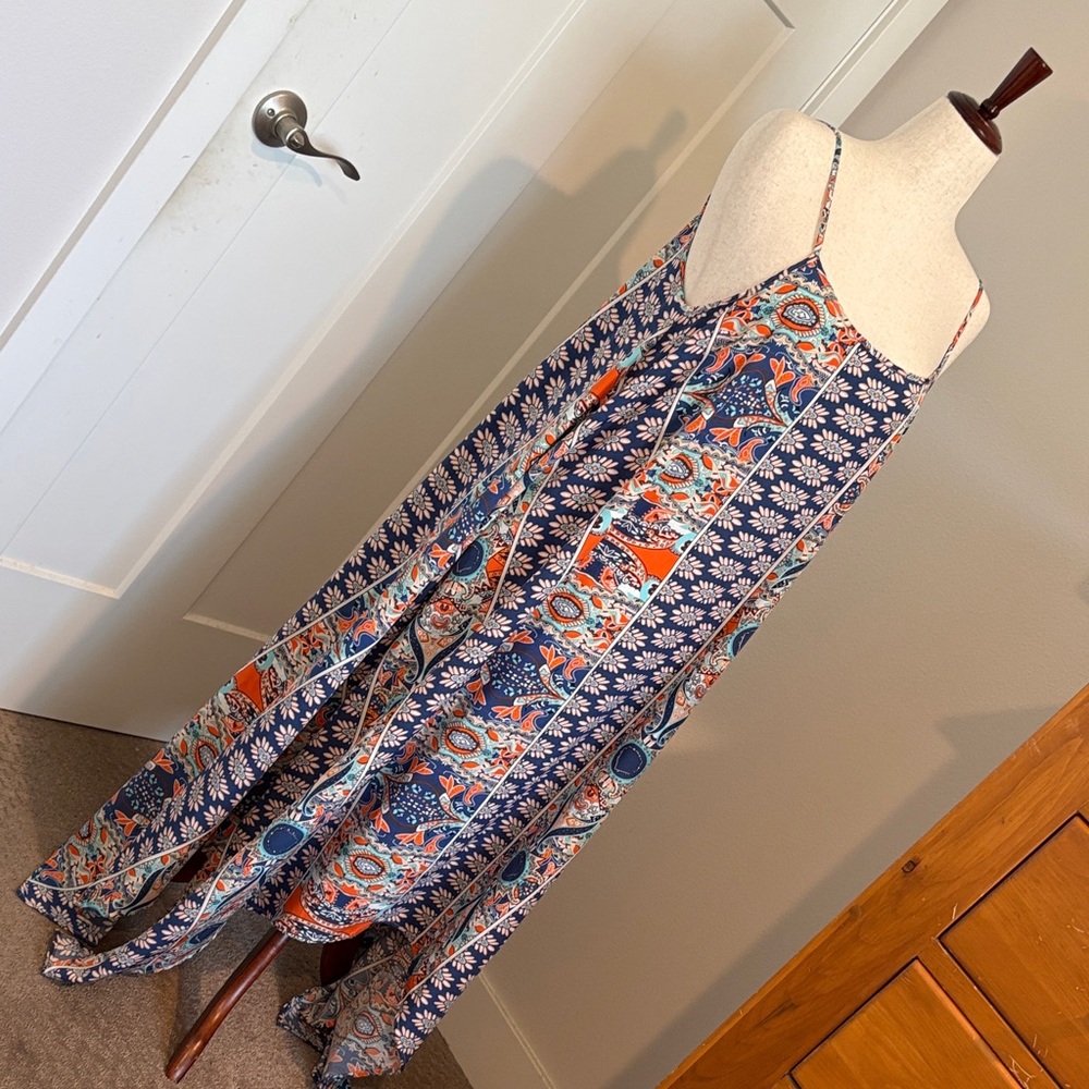 Boho Navy and Orange Floral Maxi Dress with Spaghetti Straps - Picture 2 of 7
